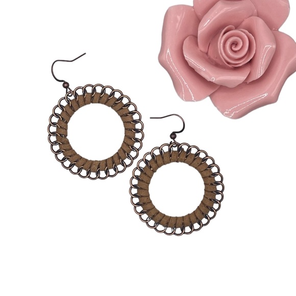 Faux Suede Boho Threaded Drop Hoop Earrings - Picture 3 of 5